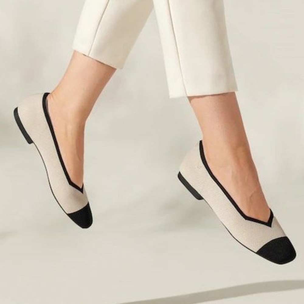 VIVAIA Cream Black Cap Toe Square Toe Knit Ballet Flats Womens EU 39 US 8